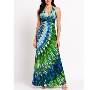 Masquerade Beaded Halter Formal Maxi Gown Blue Green Abstract Print Size 9/10